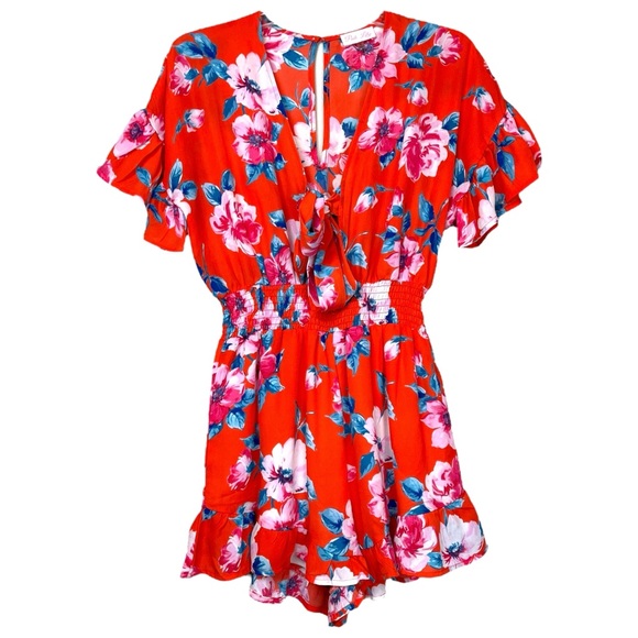 Pink Lily Romantic Blooms Orange Floral Romper Tie Front Tropical Romper Small - Picture 3 of 6
